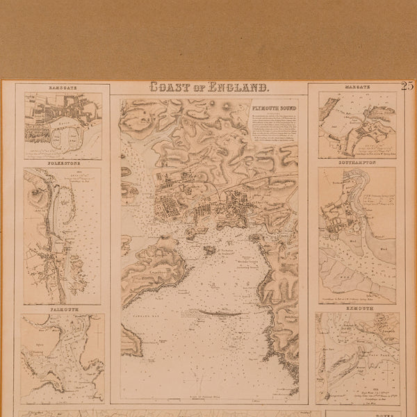 Antique Lithography Map, Coastal England, Framed Cartography Interest, Victorian