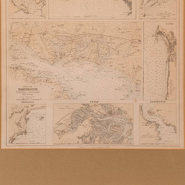 Antique Lithography Map, Coastal England, Framed Cartography Interest, Victorian