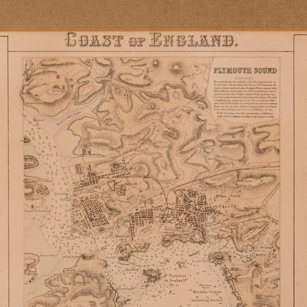 Antique Lithography Map, Coastal England, Framed Cartography Interest, Victorian