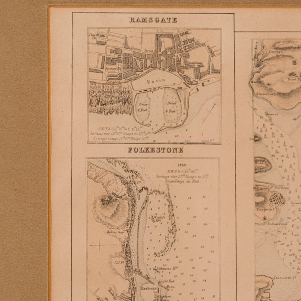 Antique Lithography Map, Coastal England, Framed Cartography Interest, Victorian