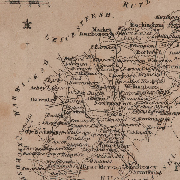 Small Antique County Map, Northamptonshire, English, Framed, Cartography, C.1850