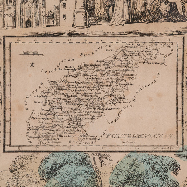 Small Antique County Map, Northamptonshire, English, Framed, Cartography, C.1850