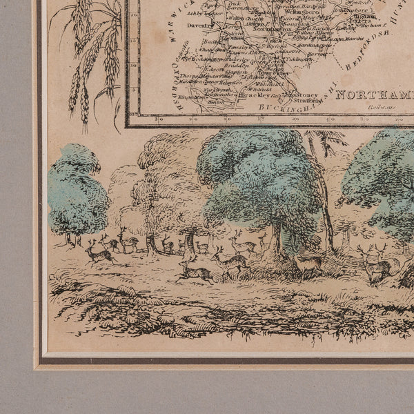 Small Antique County Map, Northamptonshire, English, Framed, Cartography, C.1850