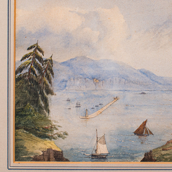 Antique Landscape Painting, Plymouth Breakwater, Framed Watercolour, Victorian