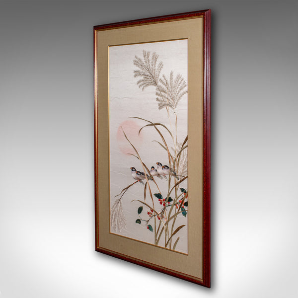 Vintage Wall Panel, Chinese, Silk Cotton, Embroidery, Display, Finch, Art Deco