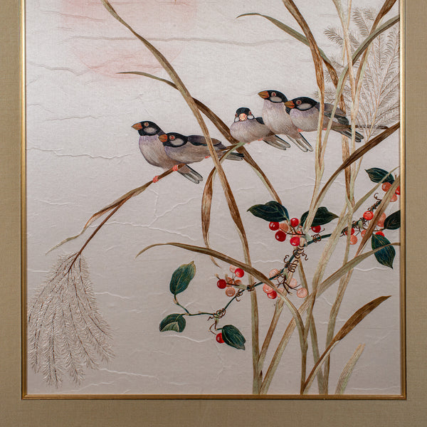 Vintage Wall Panel, Chinese, Silk Cotton, Embroidery, Display, Finch, Art Deco