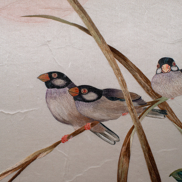 Vintage Wall Panel, Chinese, Silk Cotton, Embroidery, Display, Finch, Art Deco