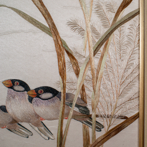 Vintage Wall Panel, Chinese, Silk Cotton, Embroidery, Display, Finch, Art Deco