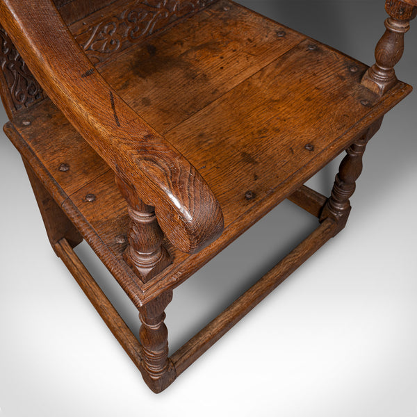 Antique Wainscote Armchair, Scottish, Oak, Carved Throne Chair, Georgian, C.1750