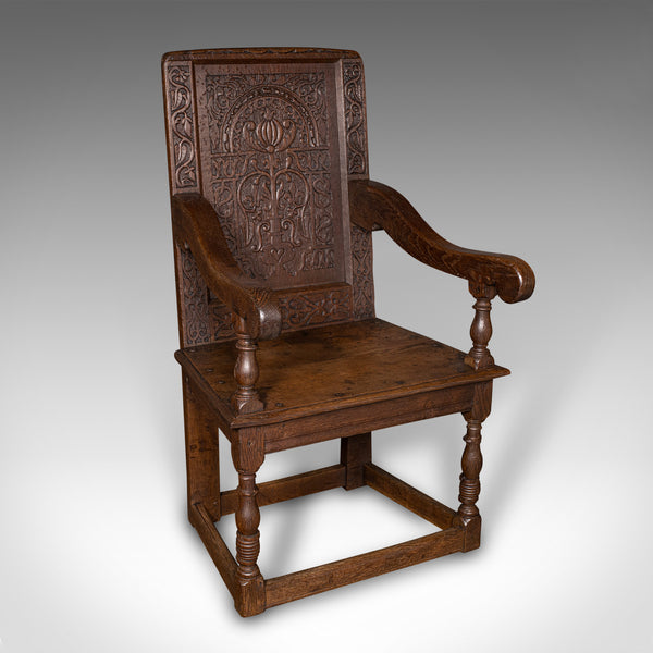 Antique Wainscote Armchair, Scottish, Oak, Carved Throne Chair, Georgian, C.1750