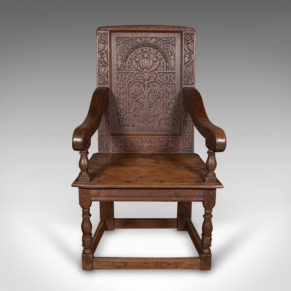 Antique Wainscote Armchair, Scottish, Oak, Carved Throne Chair, Georgian, C.1750