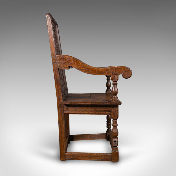 Antique Wainscote Armchair, Scottish, Oak, Carved Throne Chair, Georgian, C.1750