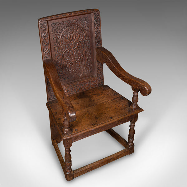 Antique Wainscote Armchair, Scottish, Oak, Carved Throne Chair, Georgian, C.1750