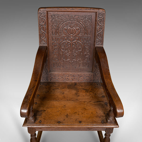 Antique Wainscote Armchair, Scottish, Oak, Carved Throne Chair, Georgian, C.1750