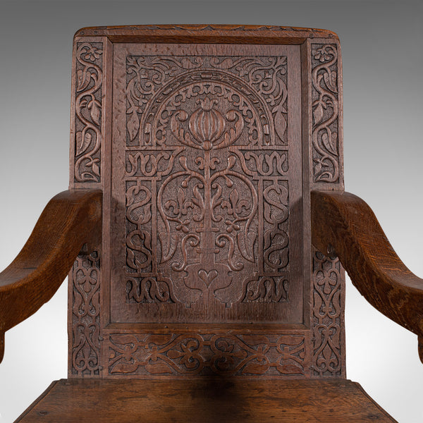 Antique Wainscote Armchair, Scottish, Oak, Carved Throne Chair, Georgian, C.1750