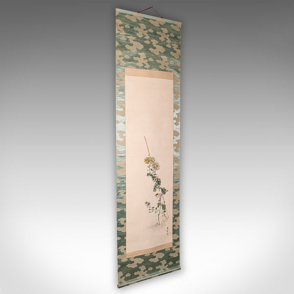 6' 6'' Tall Antique Scroll Painting, Japanese Art, Silk Cotton, Wall Panel, 1920