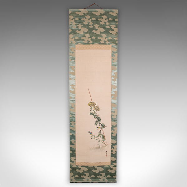 6' 6'' Tall Antique Scroll Painting, Japanese Art, Silk Cotton, Wall Panel, 1920