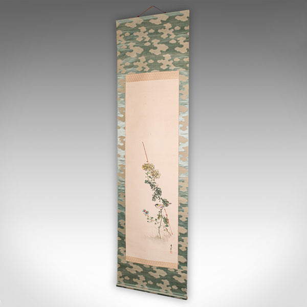 6' 6'' Tall Antique Scroll Painting, Japanese Art, Silk Cotton, Wall Panel, 1920