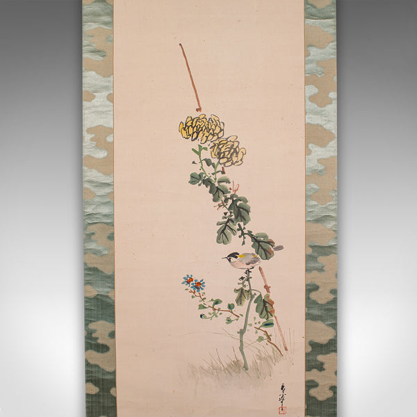 6' 6'' Tall Antique Scroll Painting, Japanese Art, Silk Cotton, Wall Panel, 1920