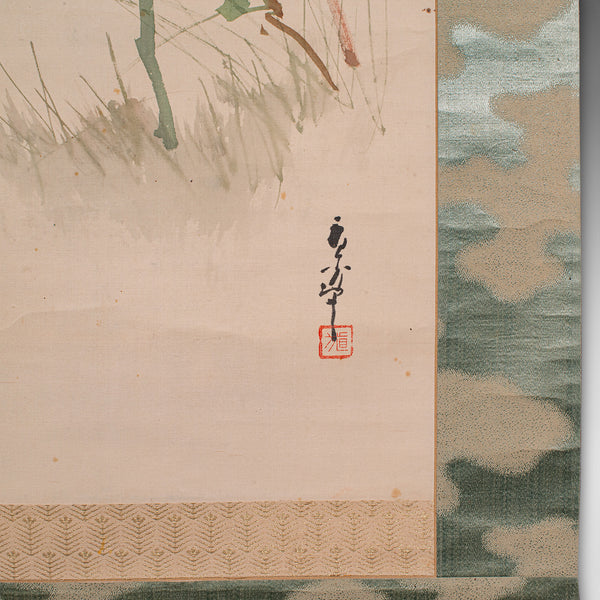 6' 6'' Tall Antique Scroll Painting, Japanese Art, Silk Cotton, Wall Panel, 1920