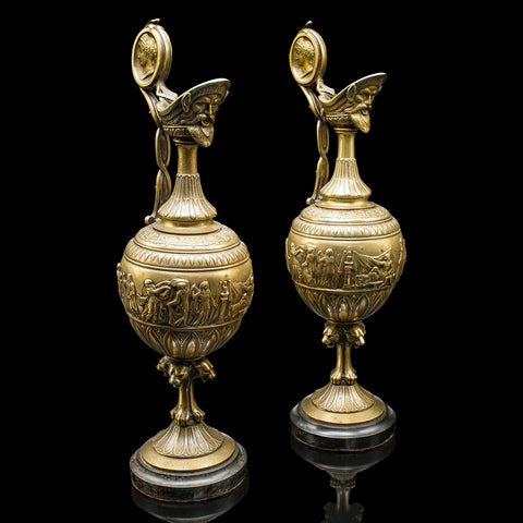 Pair Of Antique Ornamental Ewers, Italian, Bronze, Grand Tour, Victorian, C.1850