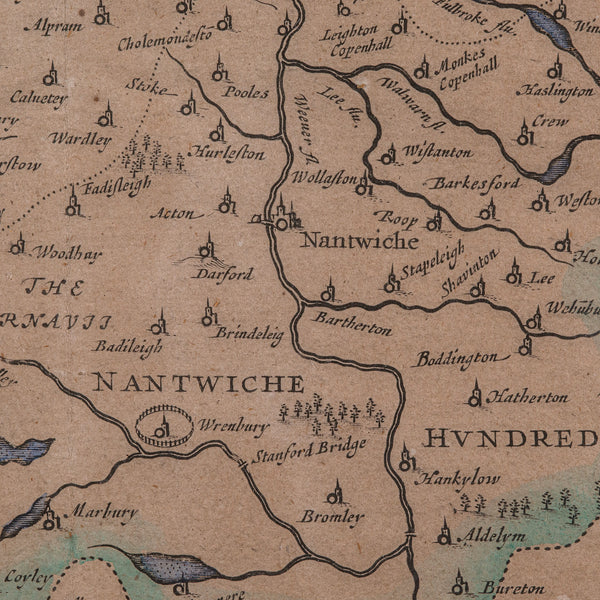 Antique County Map of Cheshire, Dutch, Framed, Cartography, Janssonius, C.1660