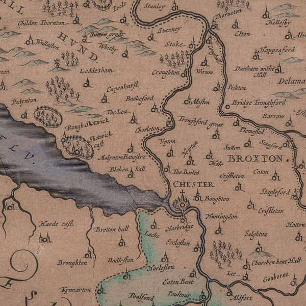 Antique County Map of Cheshire, Dutch, Framed, Cartography, Janssonius, C.1660