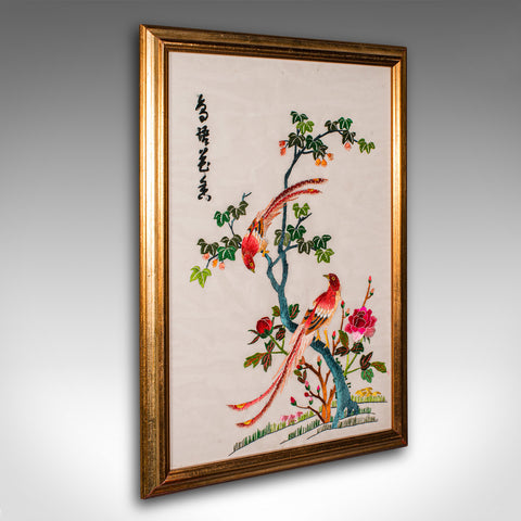 Vintage Embroidered Panel, Korean, Silk Cotton, Embroidery, Bird Motif, Art Deco