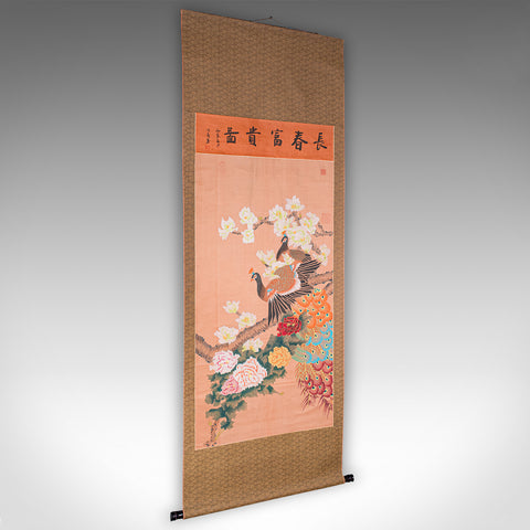 6' Tall Vintage Scroll Watercolour Painting, Chinese Art, Silk Cotton Wall Panel