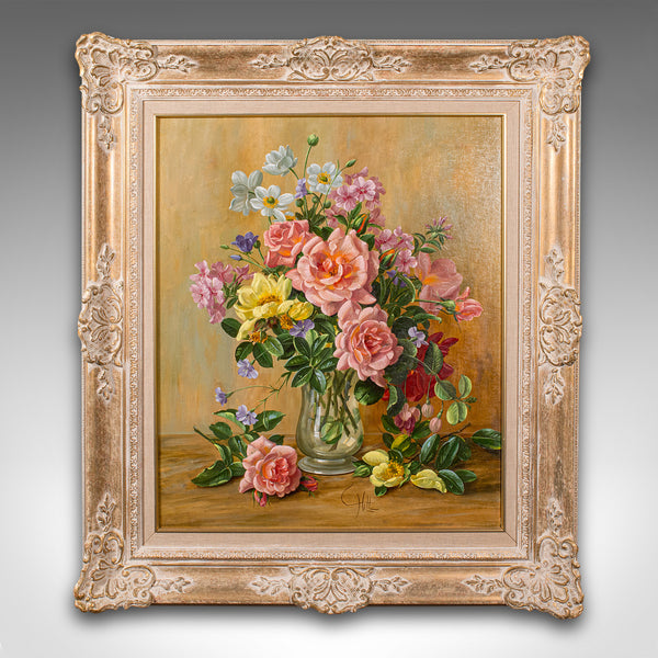 Vintage Still Life Painting, English, Oil on Board, Flowers, Art, Charles Hill