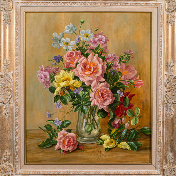 Vintage Still Life Painting, English, Oil on Board, Flowers, Art, Charles Hill