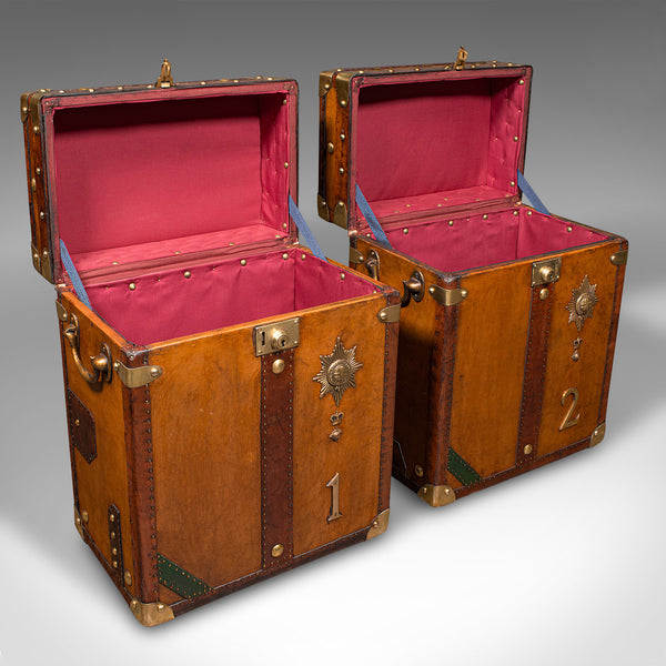 Vintage Pair Of Campaign Luggage Chests, English, Leather, Bedside, Nightstand