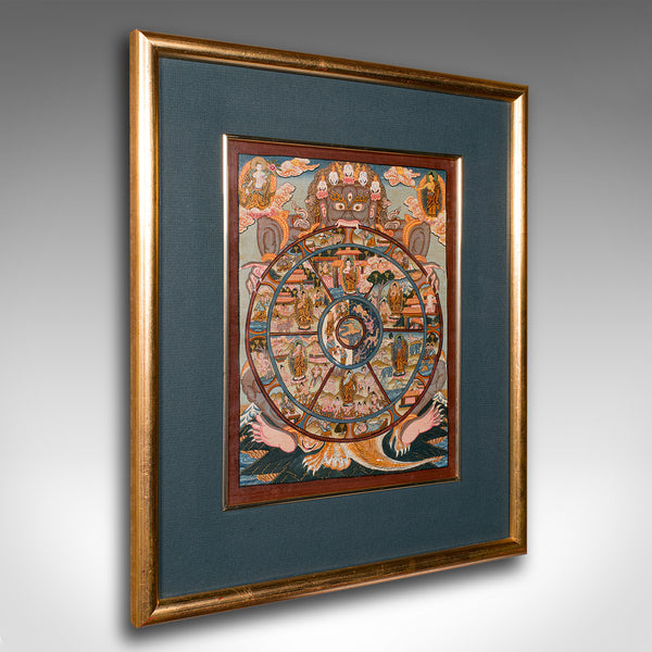 Vintage Thangka Wheel Of Life Painting, Indian, Handpainted Linen, Buddhism