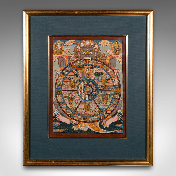 Vintage Thangka Wheel Of Life Painting, Indian, Handpainted Linen, Buddhism