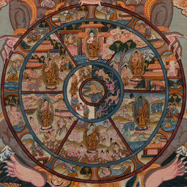 Vintage Thangka Wheel Of Life Painting, Indian, Handpainted Linen, Buddhism