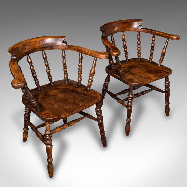 Pair Of Antique Smoker's Bow Chairs, English Beech Captain's Armchair, Victorian