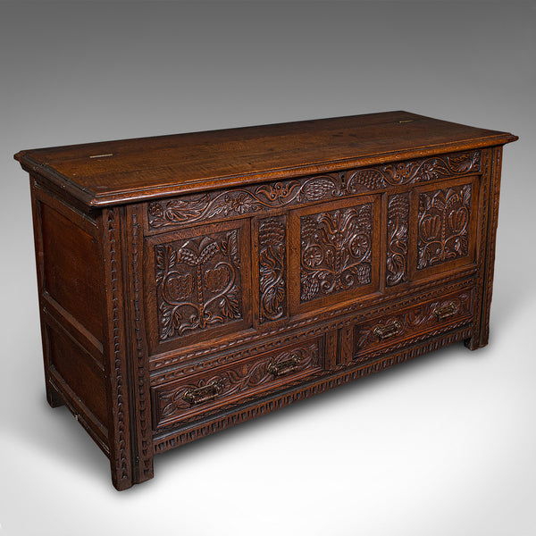 Large Antique Mule Chest, English, Carved Oak, Coffer, William III, Circa 1700