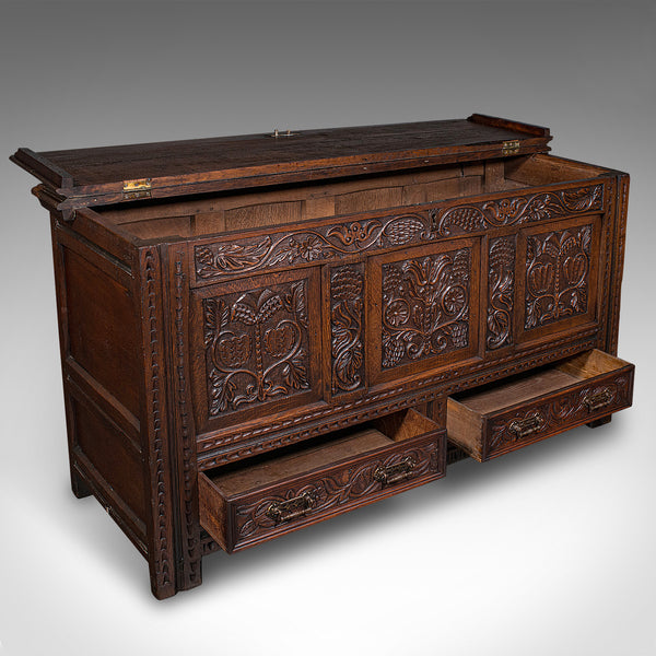 Large Antique Mule Chest, English, Carved Oak, Coffer, William III, Circa 1700