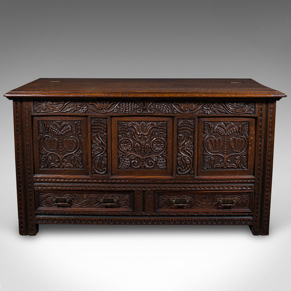 Large Antique Mule Chest, English, Carved Oak, Coffer, William III, Circa 1700