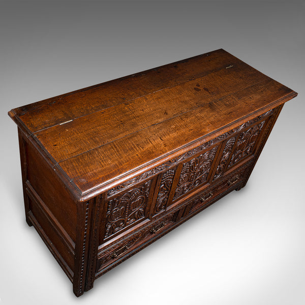 Large Antique Mule Chest, English, Carved Oak, Coffer, William III, Circa 1700