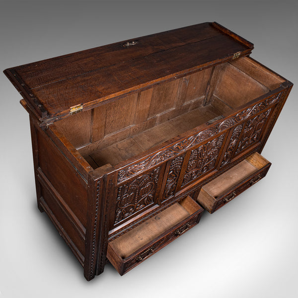 Large Antique Mule Chest, English, Carved Oak, Coffer, William III, Circa 1700