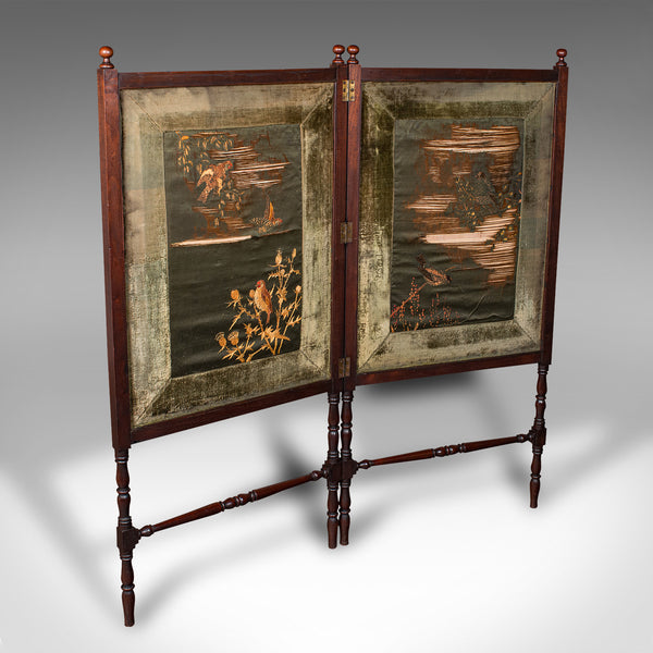 Antique Bi-fold Decorative Screen, English, Walnut, Silk, Divider, Victorian