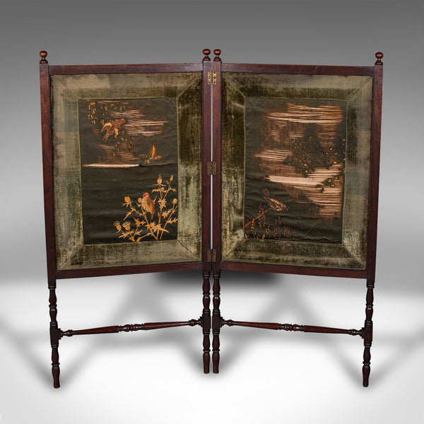 Antique Bi-fold Decorative Screen, English, Walnut, Silk, Divider, Victorian