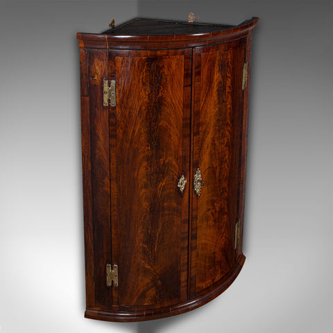 Antique Bow Front Corner Cabinet, English, Flame, Wall Cupboard, Georgian, 1780