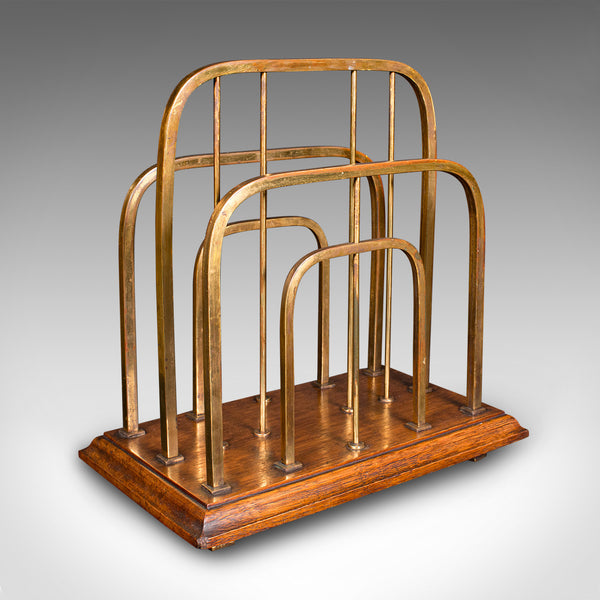 Antique Chairside Newspaper Rack, English, Oak, Brass, Magazine Stand, Edwardian