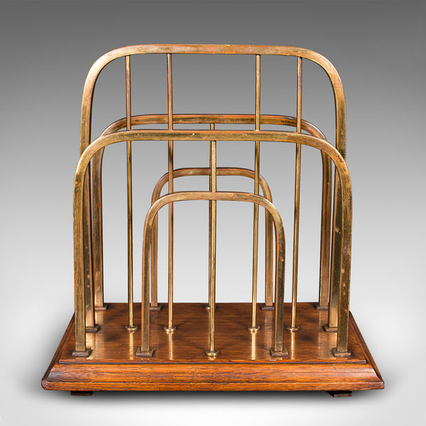 Antique Chairside Newspaper Rack, English, Oak, Brass, Magazine Stand, Edwardian