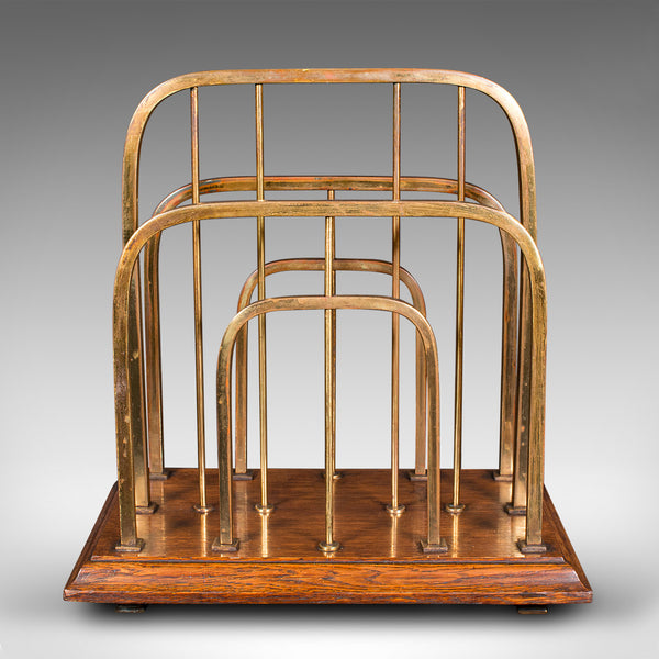 Antique Chairside Newspaper Rack, English, Oak, Brass, Magazine Stand, Edwardian