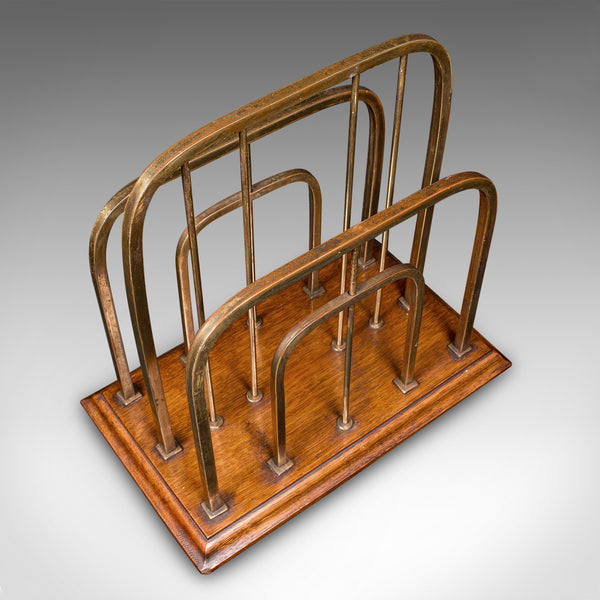 Antique Chairside Newspaper Rack, English, Oak, Brass, Magazine Stand, Edwardian