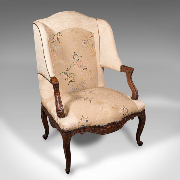 Antique Morning Room Chair, French Beech, Textile, Wing Back Armchair, Victorian