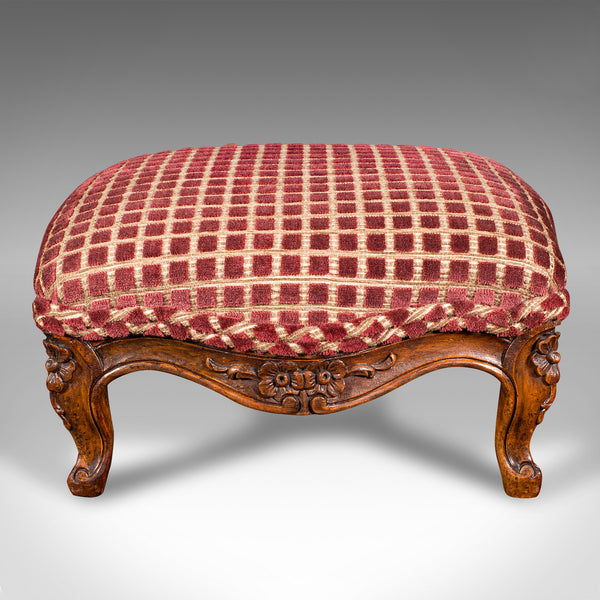 Antique Footstool, English, Walnut, Textile, Bedroom, Lounge Stool, Victorian